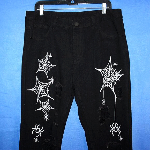 Thrashed Spider Web & Spider Print Black Jeans - Men's 36x29.5 - Goth/Punk Style - Picture 2 of 9